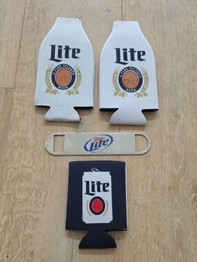 Miller Lite Koozies & Bottle Opener Set - White, Black and Gold